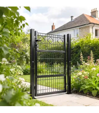 Puerta de Jardín 100 x 131 cm Puerta de Valla de Metal Galvanizado con Cerradura Llaves Manilla y 2 Postes Gris Oscuro