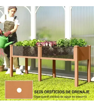 Huerto Urbano Elevado de Madera 184x59x76,5 cm con 6 Orificios de Drenaje para Cultivos Plantas Flores Marrón