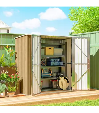 Cobertizo de Jardín Exterior Metálico 1,37 m² 163x89x163 cm con Techo Inclinado, Puertas con Pestillo y Guantes Marrón