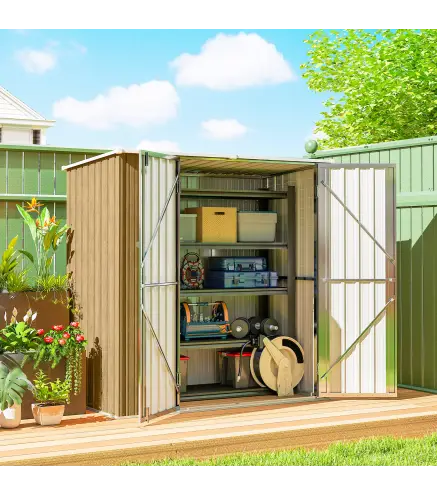 Cobertizo de Jardín Exterior Metálico 1,37 m² 163x89x163 cm con Techo Inclinado, Puertas con Pestillo y Guantes Marrón