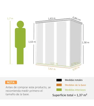 Cobertizo de Jardín Exterior Metálico 1,37 m² 163x89x163 cm con Techo Inclinado, Puertas con Pestillo y Guantes Marrón