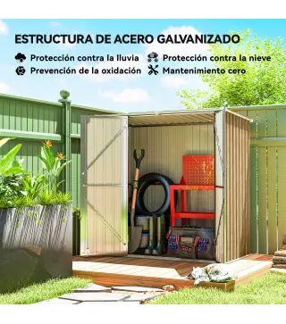 Cobertizo de Jardín Exterior Metálico 1,37 m² 163x89x163 cm con Techo Inclinado, Puertas con Pestillo y Guantes Marrón