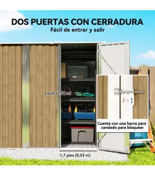 Cobertizo de Jardín Exterior Metálico 1,37 m² 163x89x163 cm con Techo Inclinado, Puertas con Pestillo y Guantes Marrón