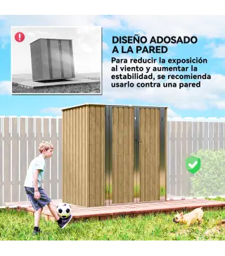 Cobertizo de Jardín Exterior Metálico 1,37 m² 163x89x163 cm con Techo Inclinado, Puertas con Pestillo y Guantes Marrón