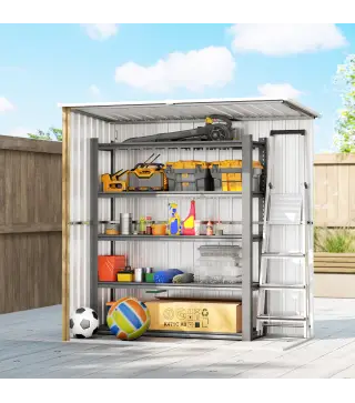 Cobertizo de Jardín Exterior Metálico 1,37 m² 163x89x163 cm con Techo Inclinado, Puertas con Pestillo y Guantes Marrón