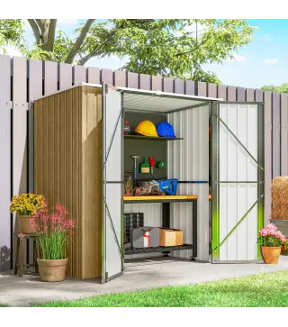 Cobertizo de Jardín Exterior Metálico 1,37 m² 163x89x163 cm con Techo Inclinado, Puertas con Pestillo y Guantes Marrón