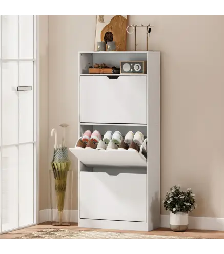 Zapatero Estrecho con 3 Cajones Abatibles Estantes Ajustables y Compartimento Abierto Capacidad para 12-18 Pares Blanco