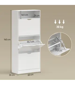 Zapatero Estrecho con 3 Cajones Abatibles Estantes Ajustables y Compartimento Abierto Capacidad para 12-18 Pares Blanco