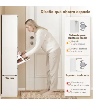 Zapatero Estrecho con 3 Cajones Abatibles Estantes Ajustables y Compartimento Abierto Capacidad para 12-18 Pares Blanco