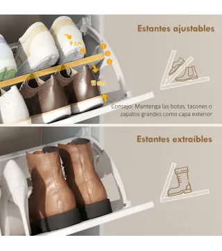 Zapatero Estrecho con 3 Cajones Abatibles Estantes Ajustables y Compartimento Abierto Capacidad para 12-18 Pares Blanco