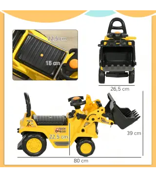 Excavadora para Niños de 18 a 48 Meses con Pala Delantera Bocina Volante y Compartimento Oculto 80x26,5x39 cm Amarillo