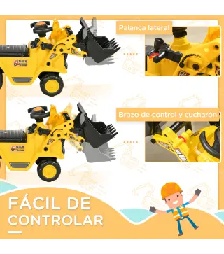 Excavadora para Niños de 18 a 48 Meses con Pala Delantera Bocina Volante y Compartimento Oculto 80x26,5x39 cm Amarillo