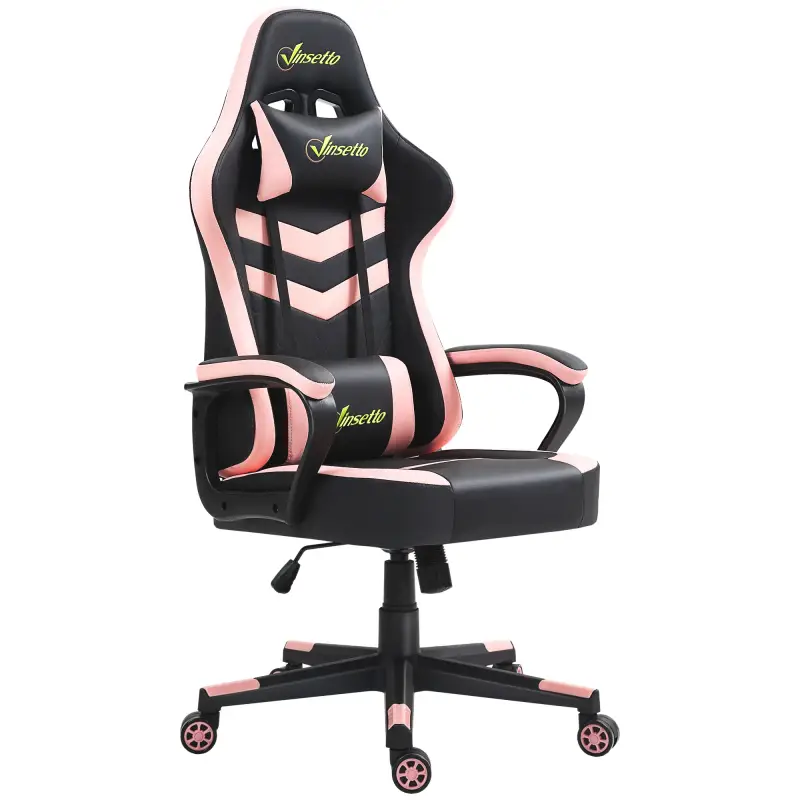 Silla Gaming Altura Regulable Basculante con Reposacabezas Cojín Lumbar 61x70x121-129 cm Rosa
