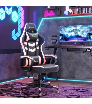 Silla Gaming Altura Regulable Basculante con Reposacabezas Cojín Lumbar 61x70x121-129 cm Rosa