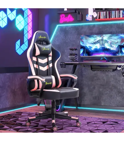 Silla Gaming Altura Regulable Basculante con Reposacabezas Cojín Lumbar 61x70x121-129 cm Rosa