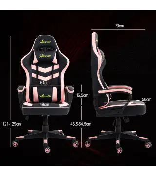 Silla Gaming Altura Regulable Basculante con Reposacabezas Cojín Lumbar 61x70x121-129 cm Rosa