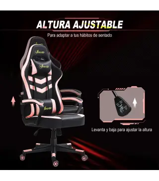 Silla Gaming Altura Regulable Basculante con Reposacabezas Cojín Lumbar 61x70x121-129 cm Rosa