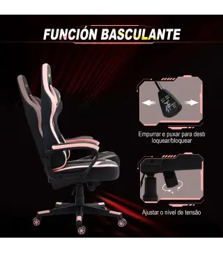 Silla Gaming Altura Regulable Basculante con Reposacabezas Cojín Lumbar 61x70x121-129 cm Rosa