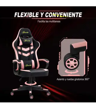 Silla Gaming Altura Regulable Basculante con Reposacabezas Cojín Lumbar 61x70x121-129 cm Rosa