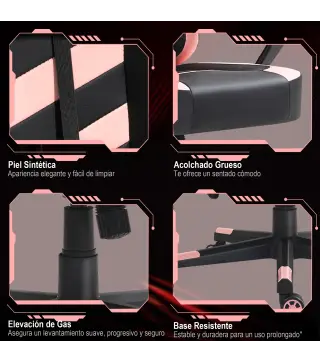 Silla Gaming Altura Regulable Basculante con Reposacabezas Cojín Lumbar 61x70x121-129 cm Rosa