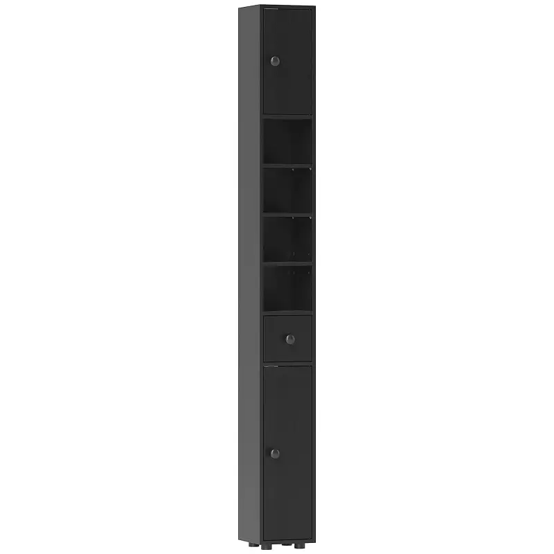 Armario de Baño Alto Columna de Baño Estrecha con 1 Cajón 4 Estantes Abiertos y Estantes Ajustables 20x20x180 cm Negro Armario de Baño Alto Columna de Baño Estrecha con 1 Cajón 4 Estantes Abiertos y Estantes Ajustables 20x20x180 cm Negro
