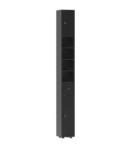 Armario de Baño Alto Columna de Baño Estrecha con 1 Cajón 4 Estantes Abiertos y Estantes Ajustables 20x20x180 cm Negro