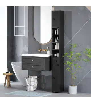 Armario de Baño Alto Columna de Baño Estrecha con 1 Cajón 4 Estantes Abiertos y Estantes Ajustables 20x20x180 cm Negro