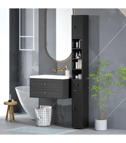 Armario de Baño Alto Columna de Baño Estrecha con 1 Cajón 4 Estantes Abiertos y Estantes Ajustables 20x20x180 cm Negro