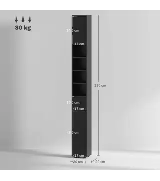 Armario de Baño Alto Columna de Baño Estrecha con 1 Cajón 4 Estantes Abiertos y Estantes Ajustables 20x20x180 cm Negro
