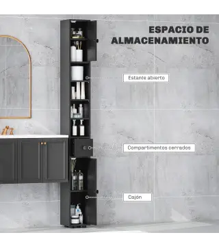 Armario de Baño Alto Columna de Baño Estrecha con 1 Cajón 4 Estantes Abiertos y Estantes Ajustables 20x20x180 cm Negro