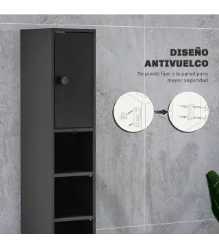 Armario de Baño Alto Columna de Baño Estrecha con 1 Cajón 4 Estantes Abiertos y Estantes Ajustables 20x20x180 cm Negro