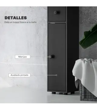 Armario de Baño Alto Columna de Baño Estrecha con 1 Cajón 4 Estantes Abiertos y Estantes Ajustables 20x20x180 cm Negro