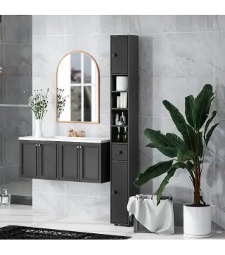 Armario de Baño Alto Columna de Baño Estrecha con 1 Cajón 4 Estantes Abiertos y Estantes Ajustables 20x20x180 cm Negro