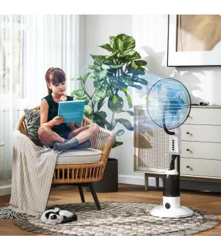 Ventilador Nebulizador Oscilante 90 W Tanque 2,8L 3 Velocidades 5 Aspas y Ruedas Ø44,5x120 cm Blanco