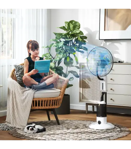 Ventilador Nebulizador Oscilante 90 W Tanque 2,8L 3 Velocidades 5 Aspas y Ruedas Ø44,5x120 cm Blanco