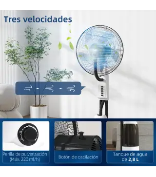 Ventilador Nebulizador Oscilante 90 W Tanque 2,8L 3 Velocidades 5 Aspas y Ruedas Ø44,5x120 cm Blanco