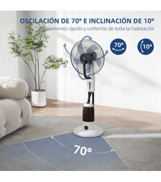 Ventilador Nebulizador Oscilante 90 W Tanque 2,8L 3 Velocidades 5 Aspas y Ruedas Ø44,5x120 cm Blanco