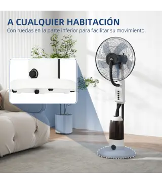Ventilador Nebulizador Oscilante 90 W Tanque 2,8L 3 Velocidades 5 Aspas y Ruedas Ø44,5x120 cm Blanco