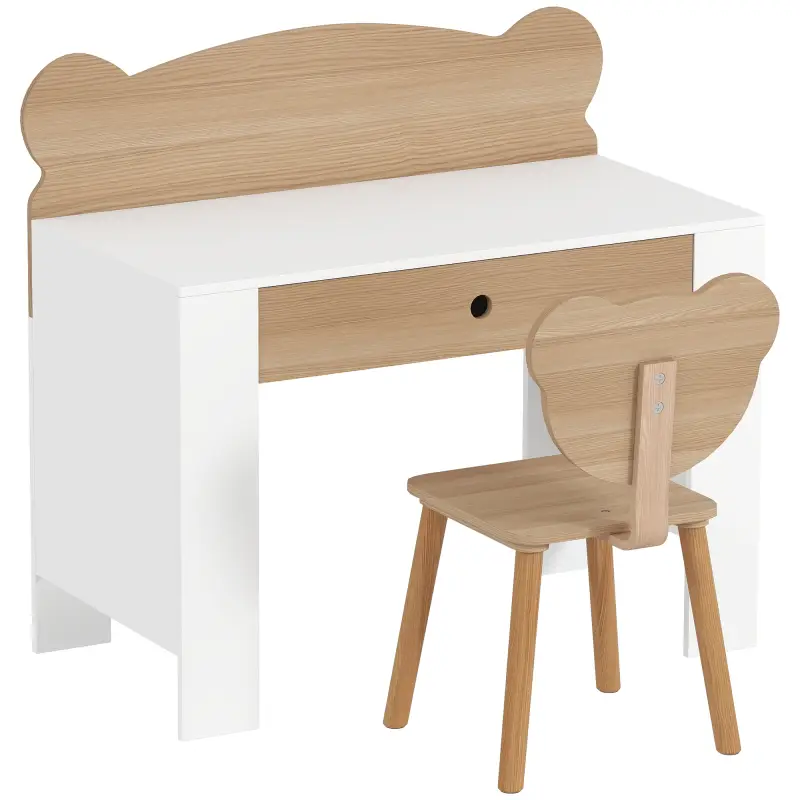 Escritorio Infantil con Silla en Forma de Osito con Cajón para Leer y Estudiar Mesa 80x41x74,5 cm y Silla 32,5x38x59 cm