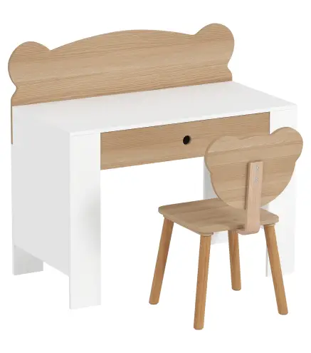 Escritorio Infantil con Silla en Forma de Osito con Cajón para Leer y Estudiar Mesa 80x41x74,5 cm y Silla 32,5x38x59 cm