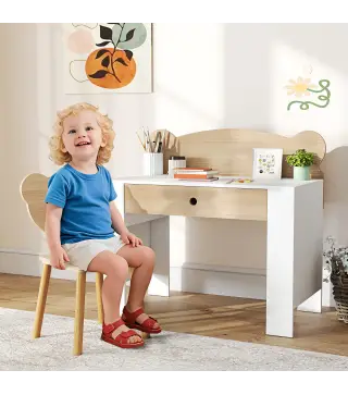 Escritorio Infantil con Silla en Forma de Osito con Cajón para Leer y Estudiar Mesa 80x41x74,5 cm y Silla 32,5x38x59 cm