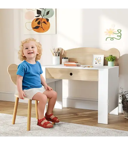 Escritorio Infantil con Silla en Forma de Osito con Cajón para Leer y Estudiar Mesa 80x41x74,5 cm y Silla 32,5x38x59 cm