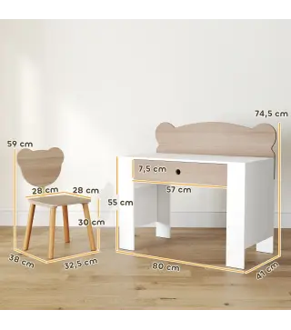 Escritorio Infantil con Silla en Forma de Osito con Cajón para Leer y Estudiar Mesa 80x41x74,5 cm y Silla 32,5x38x59 cm