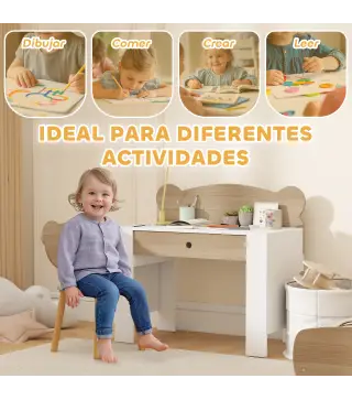 Escritorio Infantil con Silla en Forma de Osito con Cajón para Leer y Estudiar Mesa 80x41x74,5 cm y Silla 32,5x38x59 cm