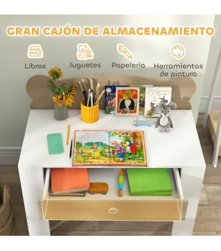 Escritorio Infantil con Silla en Forma de Osito con Cajón para Leer y Estudiar Mesa 80x41x74,5 cm y Silla 32,5x38x59 cm