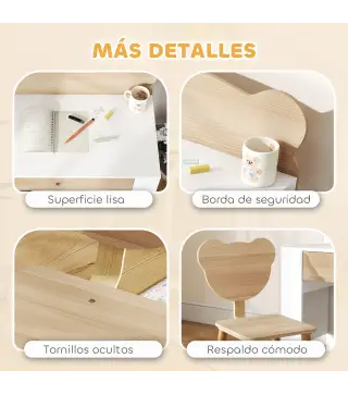 Escritorio Infantil con Silla en Forma de Osito con Cajón para Leer y Estudiar Mesa 80x41x74,5 cm y Silla 32,5x38x59 cm