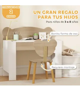Escritorio Infantil con Silla en Forma de Osito con Cajón para Leer y Estudiar Mesa 80x41x74,5 cm y Silla 32,5x38x59 cm