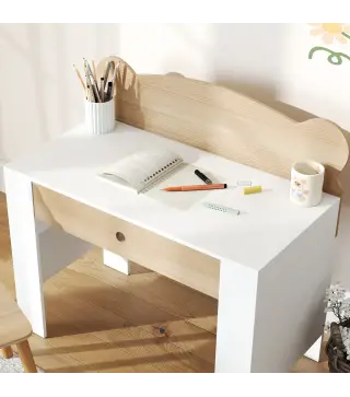 Escritorio Infantil con Silla en Forma de Osito con Cajón para Leer y Estudiar Mesa 80x41x74,5 cm y Silla 32,5x38x59 cm