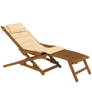 Tumbona Silla Plegable de Madera con Reposapiés Desmontable y Cojín con Reposacabezas Carga 160 kg 158x61x70 cm Beige