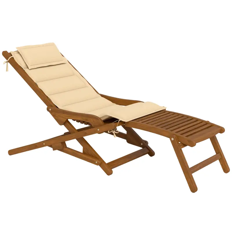 Tumbona Silla Plegable de Madera con Reposapiés Desmontable y Cojín con Reposacabezas Carga 160 kg 158x61x70 cm Beige